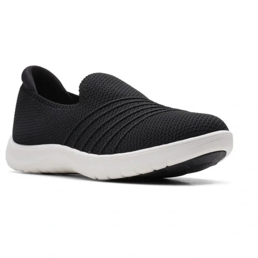 Black, lightweight knit slip-on shoes
